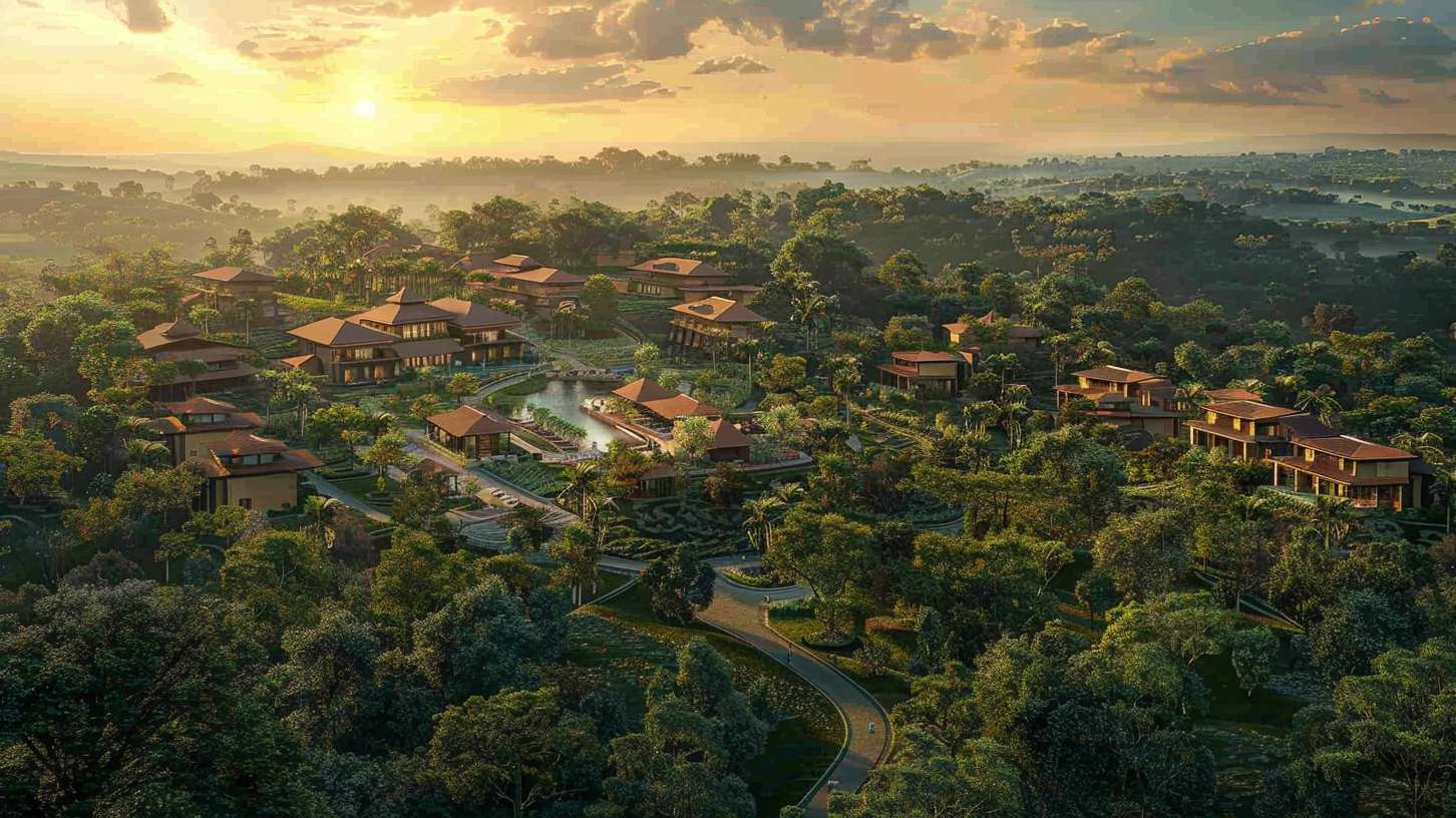 The Courtyard destination across the Akuapem Hills at sunset