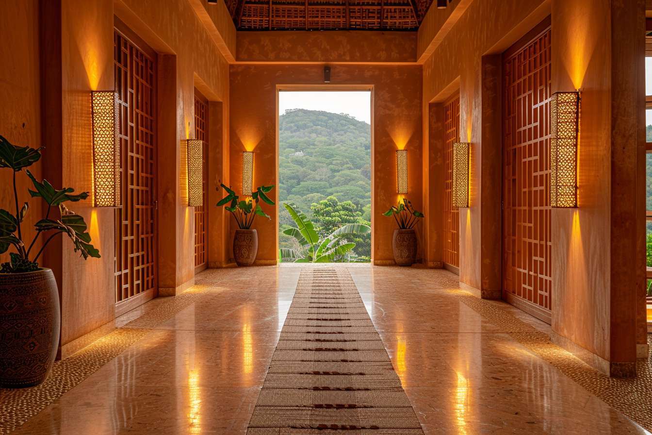 Warm Ghanaian-inspired arrival hall opening to the hills